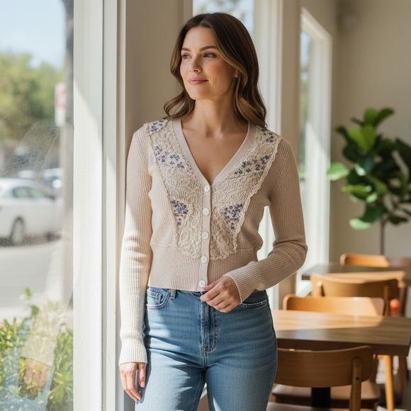 Free People Sweaters - Free People Women's Cream Cardigan with Floral Embroidery And Lace